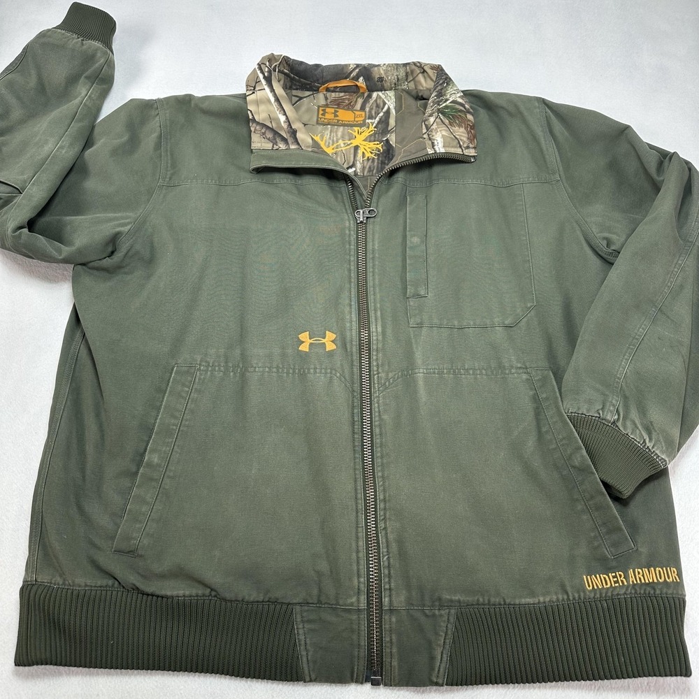 Under Armour Jacket Mens 2XL Green Quilted Lined Canvas Bomber Hunting Real Tree